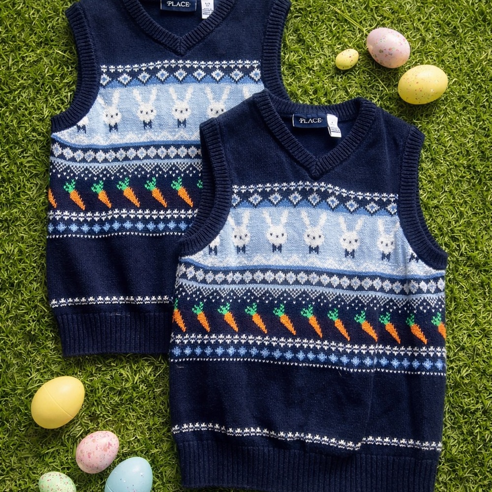 CHILDRENS PLACE Boys Navy Blue Bunny Easter Sweater Vest